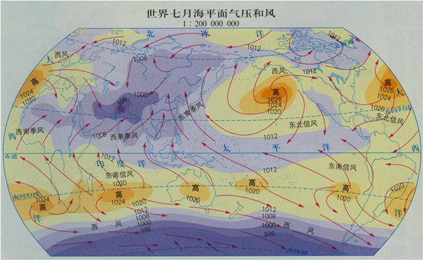 2013高考地理重点地图:世界7月海平面气压和