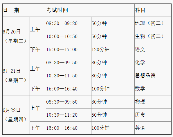 2017年广东珠海中考考试时间及科目安排公布